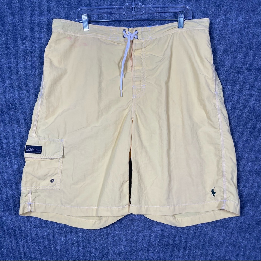 Polo Ralph Lauren Mens XL Yellow Lined Cargo Tie Swim Trunks Shorts 90s Y2K Pony
